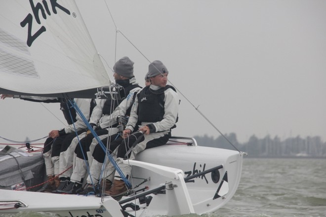 Rodion Luka checks out the chasing pack - SB20 European Championships 2012 © Katie Ashworth/Sportsboat World